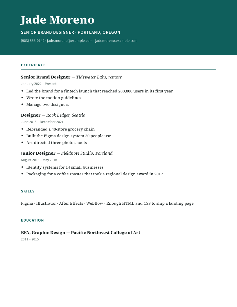 Résumé, page 1: Brand designer, Portland — asked for colour, a teal band and a page that reads