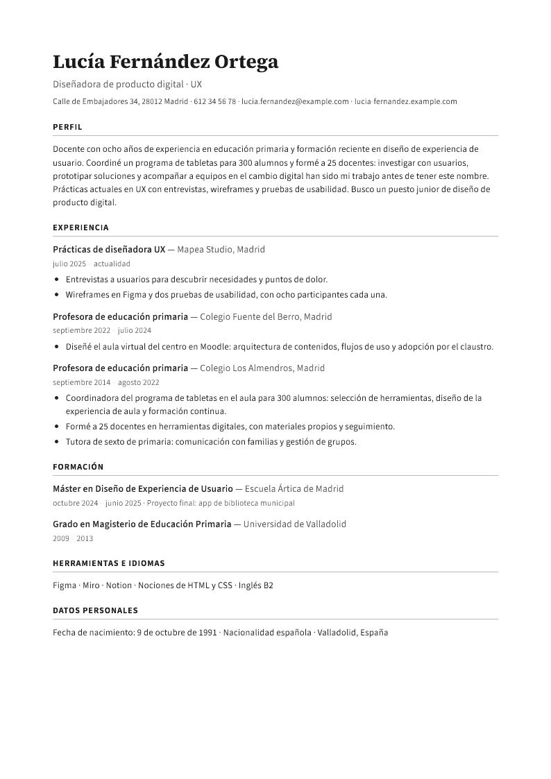 Currículum, page 1: Teacher turned UX designer, Madrid — eight years in the classroom