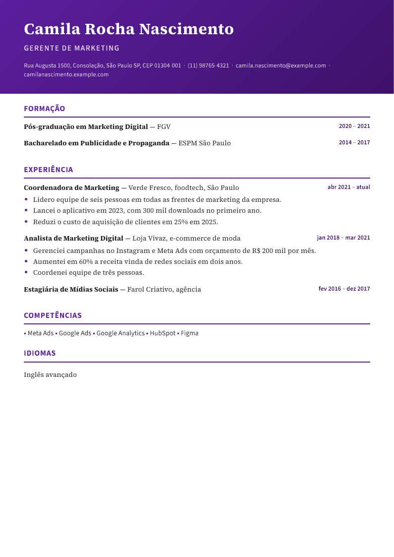 Currículo, page 1: Marketing coordinator, São Paulo — a bold purple header, one page, parsed