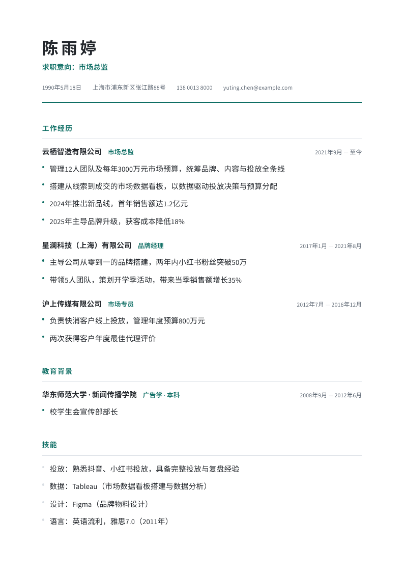 简历, page 1: Marketing director, Shanghai — one page
